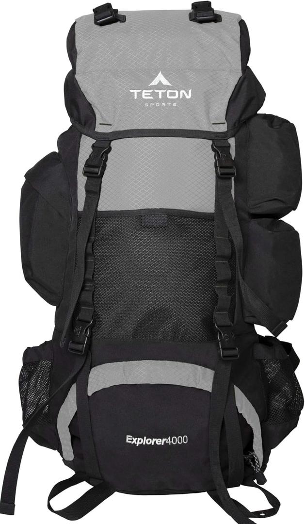 TETON 65L Explorer Internal Frame Backpack for Hiking, Camping, Backpacking, Rain Cover Included (Metallic Silver)