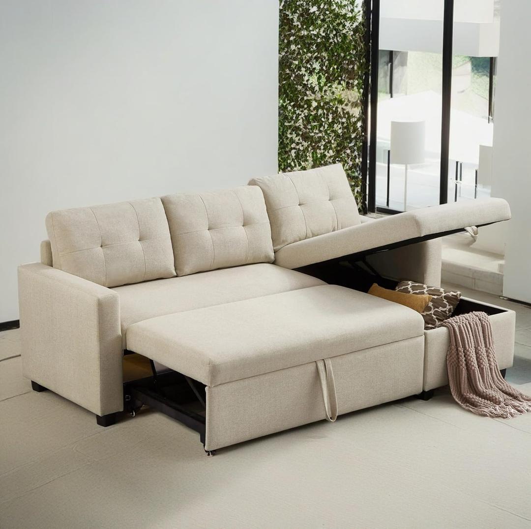 81.5" L-Shape Sleeper Sectional Sofa with Storage Chaise & Pull-Out Bed, Convertible Corner Couch W/ 3 Removable Back Cushions for Living Room,Apartment,Office