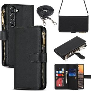 iCoverCase for Samsung Galaxy S23 Wallet Case with Card Holder, Kickstand Feature PU Leather Case with Adjustable Crossbody Lanyard Magnetic Clasp Zipper Pocket Flip Cover (Black)