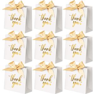 50 Pack Small Thank You Gift Bags, 4.5x1.8x3.9 Inches Party Favor Bags, Mini White Thank You Bags with Ribbon, Wedding Candy Favor Boxes, Paper Gift Bags for Baby Shower, Birthday Party