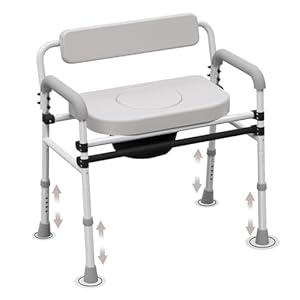 Adjustable Medical Bedside Commode Chair with Padded Backrest, Drop Arm Support, Height Adjustable, Gray