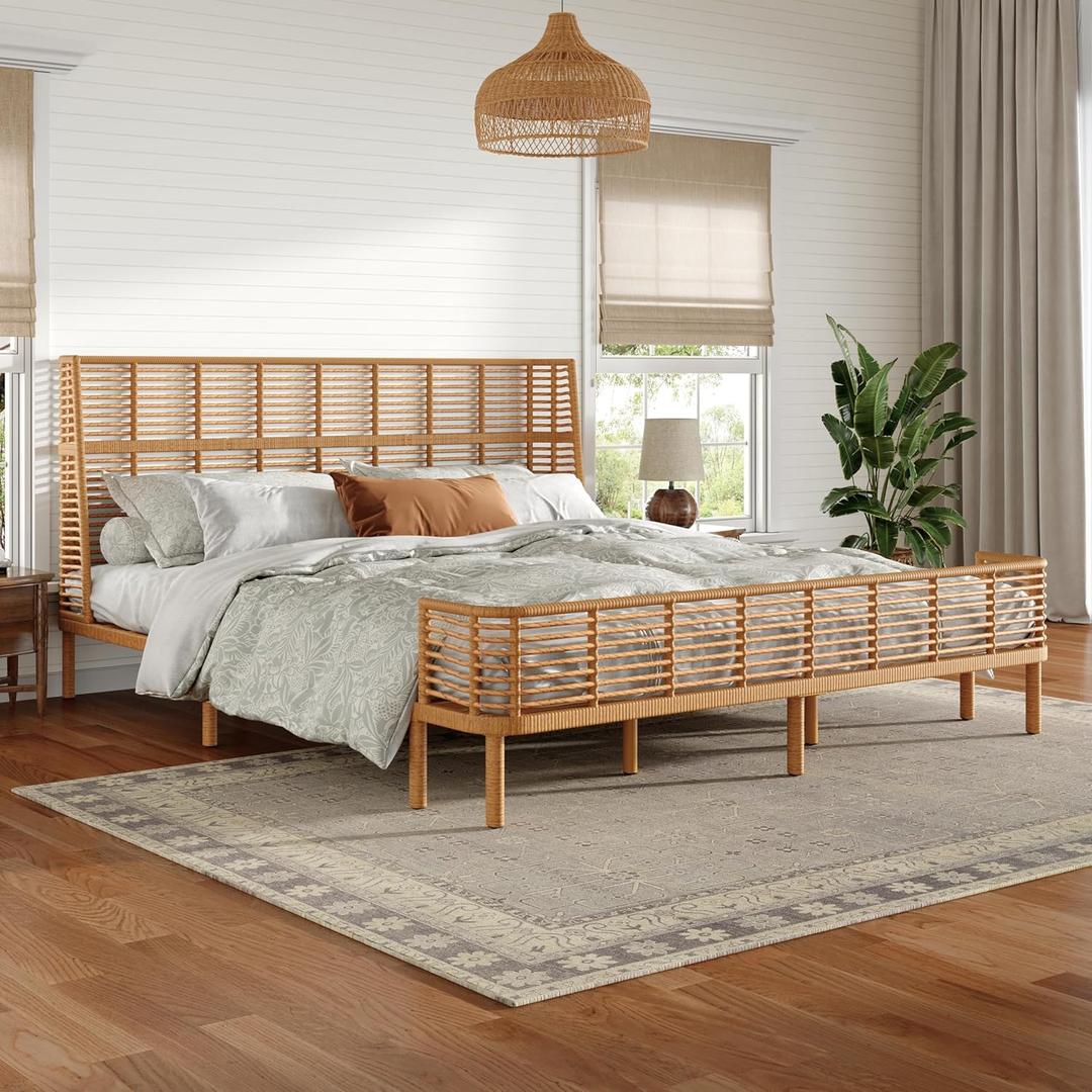 Merax King Gorgeous PE Wicker Bed with Wingback Headboard - 800lb Capacity Sleek Grid Design Metal Support Platform Bed, No Box Spring Needed, Natural