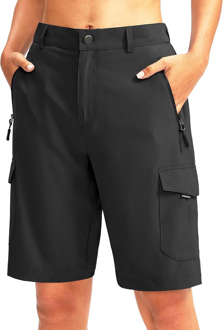 Women's 10" Hiking Golf Long Shorts with 5 Pockets Knee Length Lightweight Quick Dry Cargo Bermuda Shorts for Women (Large, Black)