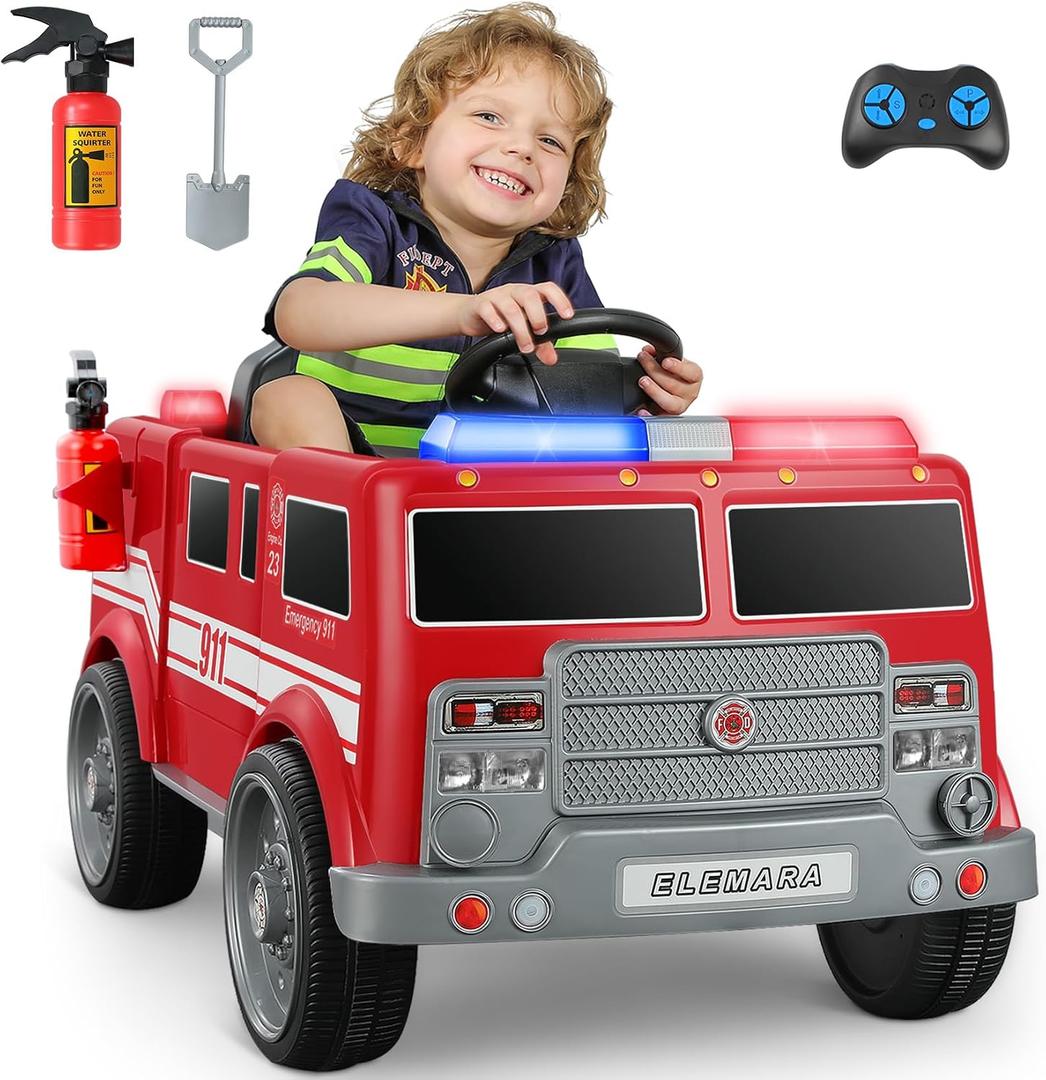ELEMARA 12V Ride on Fire Truck, Electric Ride on Car for Kids,Battery Powered Toddler Car w/Parent Remote Control,Siren-Call,walkie-talkies, Flashing Lights,Fire Extinguishers, Bluetooth,Music,UBS.