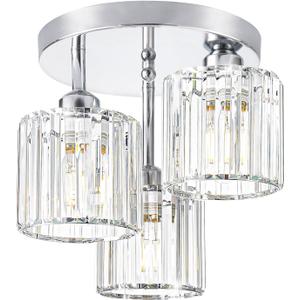 Crystal Ceiling Light Fixture, Chrome Semi Flush Mount Ceiling Light Fixture, 3-Light Hallway Lighting with Clear Crystal Shades for Kitchen Entryway Bedroom Bathroom Foyer, E26