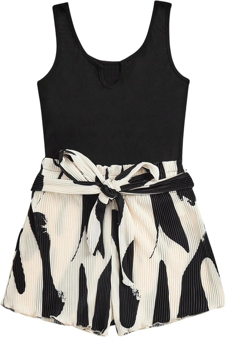 SOLY HUX Women's Summer Sleeveless Belted Tank Romper Short Jumpsuit (XX-Large, Graphic Print)