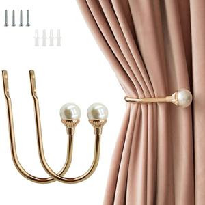 2 Pack Curtain Holdbacks Wall Mounted Curtain Tiebacks Hooks Plastic Pearl U Shape Curtain Tiebacks with Screws Curtain Ties for Home Office-Gold