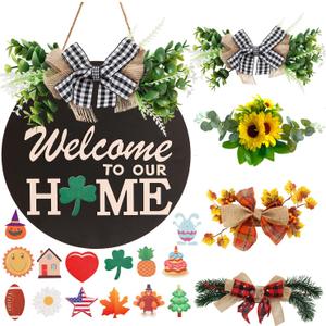 Interchangeable Welcome Sign for Front Door Decoration with 4 Seasonal Wreaths and 14 Holiday Icons, Black Welcome Door Hanger, Rustic Wooden Front Porch Sign Home dcorBlack