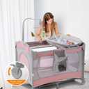Soobaby 5 in 1 Baby Crib,Bedside Sleeper,Bassinet,Pack and Play with Bassinet and Changing Table,Portable Travel Playpen Music Box,Portable Travel Crib for Infant Newborn (Pink Gray)