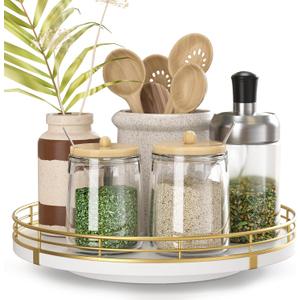 9" Wooden Lazy Susan Turntable for Cabinet  Rotating Spice Rack Organizer, Small Kitchen Countertop Tray for Dining Table & Pantry Storage (White & Gold)