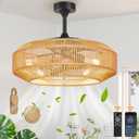 20" Boho Ceiling Fans with Lights and Remote  Caged Rattan Fandelier, Low Profile Ceiling Fan, 6-Speed Quiet Reversible Motor, 4 E26 Sockets  Ideal for Bedrooms, Nurseries & Small Living Spaces