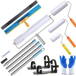 Self Leveling Cement Tool Kit- Epoxy Floor Tool Kit Includes Self-Leveling Rake, 2 Spiked Roller, 2 Flooring Construction Painter Roller, 16-63 Telescopic Poles, Epoxy Spike Shoes and Gloves