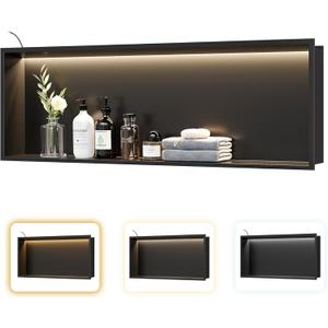 Matte Black LED Shower Niche, 36"X12" Recessed Bathroom Wall Niche Cabinet,3-Temperature LED Strip Light Waterproof No Tile Needed Stainless Steel Storage Organizer in wall, 36X12In