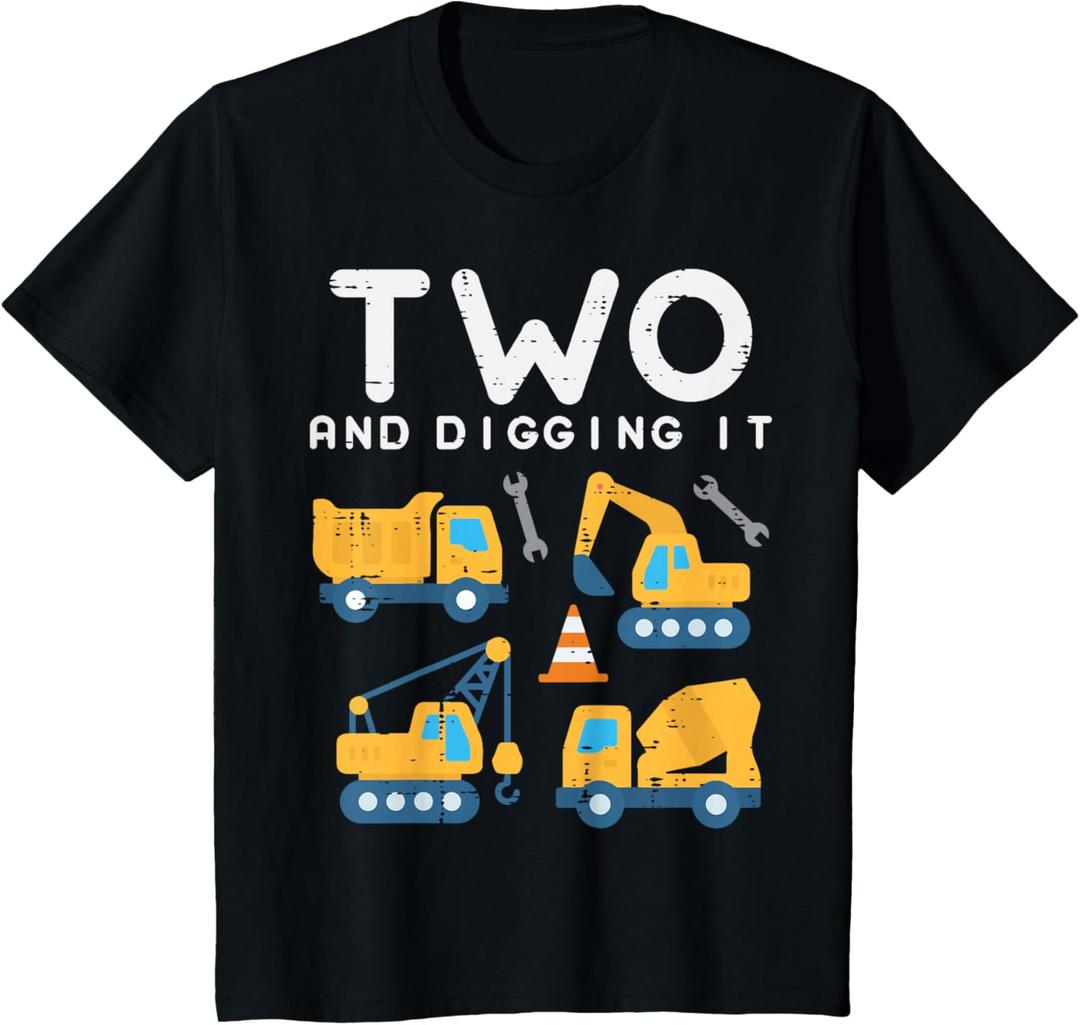  Kids Two and Digging It Construction Trucks 2nd Birthday Boys Kid T-Shirt, 2T