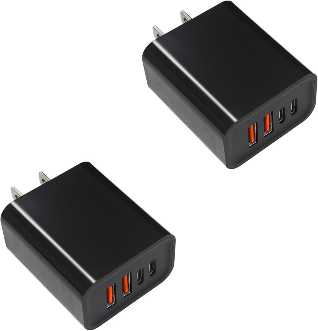 USB C Charger Block 40W, 2Pack 4-Port Type C Fast Charging Blocks PD USBC Plug Adapter + QC USB Wall Charger Cube Multiport Brick Compatible with iPhone 16 15 14 13 12 11 Pro Max XS, Samsung, Black