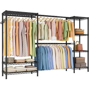 Heavy Duty Garment Rack Clothes Rack, Large Metal Closet Organizer System Storage Wardrobe, Freestanding Clothing Rack with 9 Adjustable Wire Shelves&3 Hang Rods, MaxLoad 1500lbs (Black)