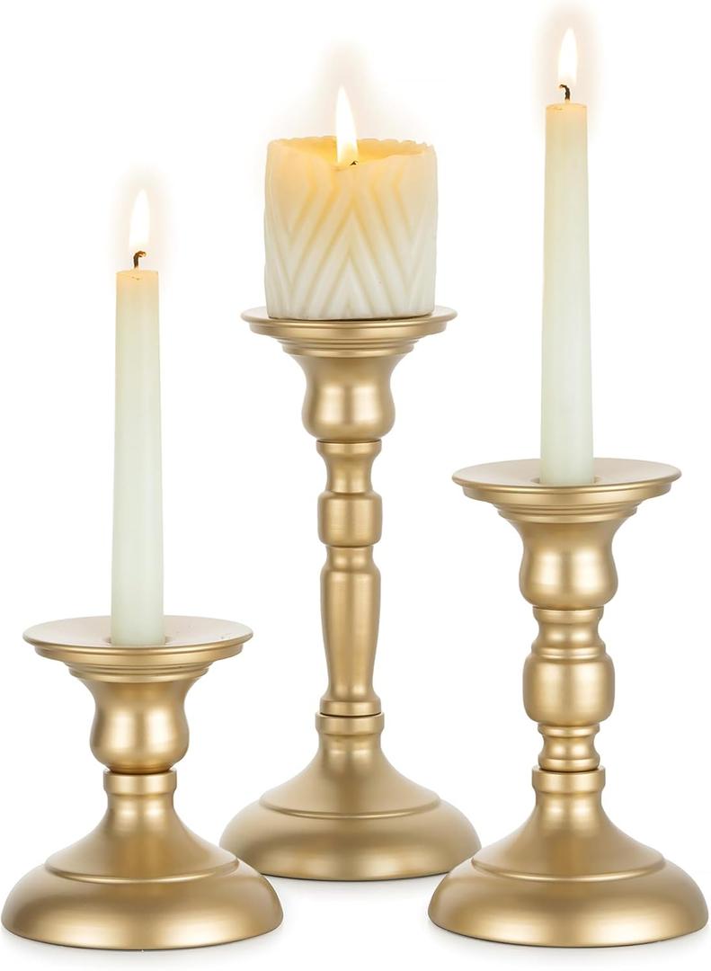 Sziqiqi Gold Candle Holders Decor: Candle Holders for Pillars Candlesticks - Taper Candleholders Set of 3 for Wedding Table Fireplace Mantel Holiday (4.5"+7.1"+9.2")