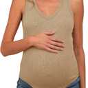 Tankaneo Womens Maternity Tank Tops Sleeveless V Neck Ribbed Knit Shirts | Summer Casual, Curved Hem Pregnancy Clothes, Fitted (Beige, L)