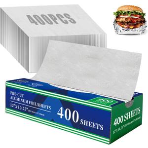 Aluminum Foil Sheets, 400 Pre-Cut Tin foil, 12" x 10.75" Pop-Up Foil Sheets for Food Wrap, Hot Dog or Sandwich Wrap, Grilling, Cooking, Baking, Catering, Restaurant, Kitchen Use