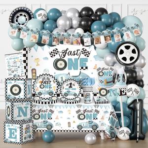 256pcs Fast One Birthday Decorations for Boys, All-in-1 Supplies Pack with 20pcs Vintage Race Car and Car Themed Plates, Napkins, 2pcs Tablecloth for Fast One Birthday Decorations