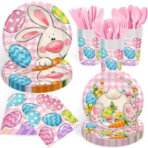 168PCS Easter Party Supplies Easter Egg Party Decorations with Pink Plaid Bunny Paper Plates and Napkins Cups for Spring Themed Easter Birthday Party Serves 24