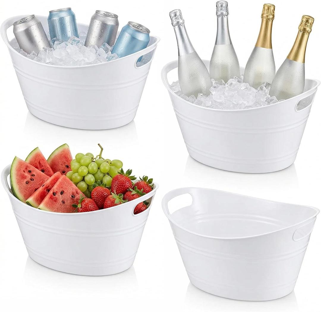4 Pack Ice Buckets 4.5 Liter Oval Storage Tub with Handles, Plastic Wine Bucket, Ice Drink Bucket for Parties Bar Wine Beer Cooler, White
