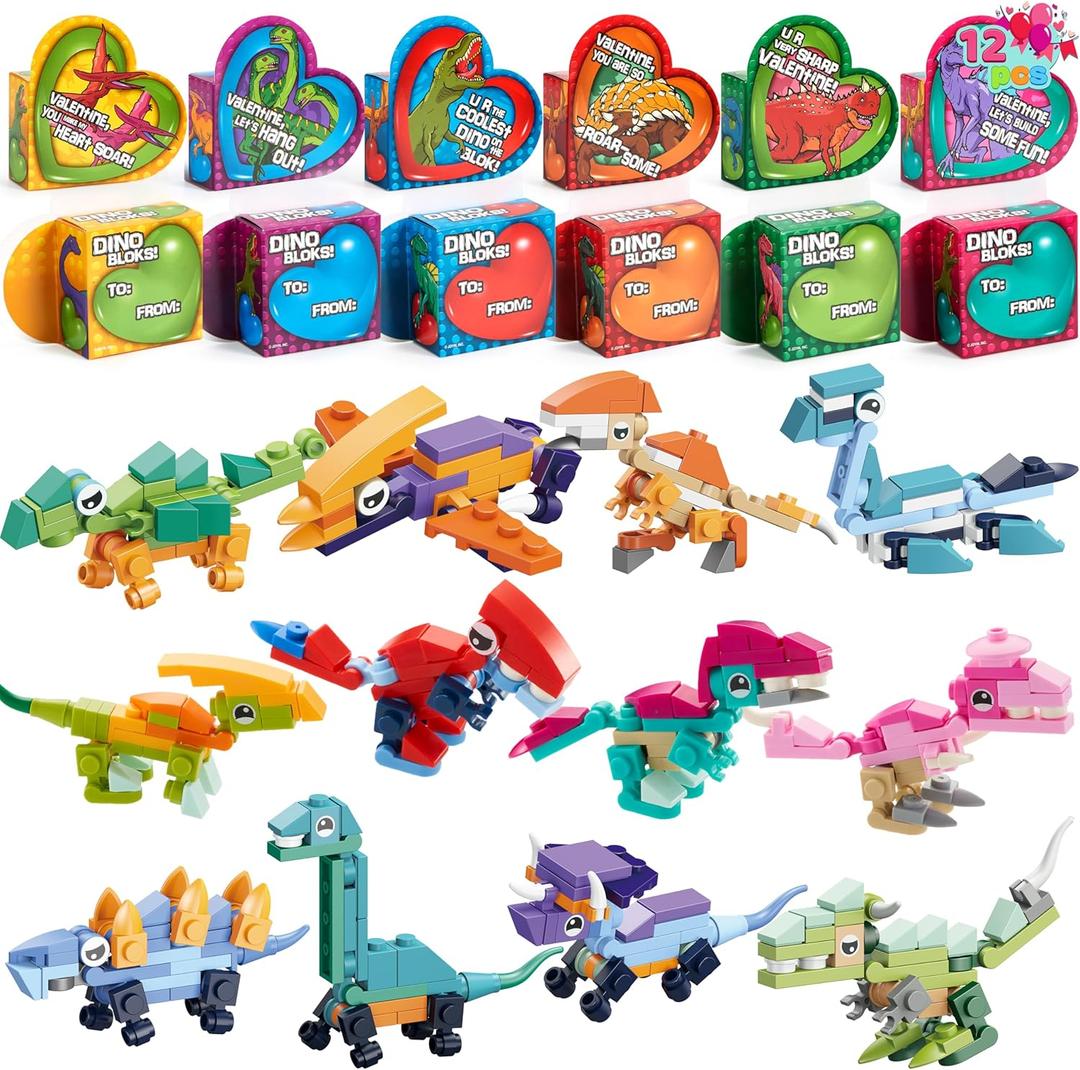 JOYIN 12 Packs Valentines Dinosaur Building Blocks Toys with Heart Boxes for Valentine Party Favors Gifts Classroom Exchange, Prize Supplies, School Rewards
