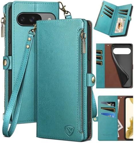 XcaseBar for Google Pixel 9 5G/Pixel 9 Pro 6.3 Wallet case with Zipper Credit Card Holder【RFID Blocking】,Flip Folio Book PU Leather Phone case Shockproof Cover Women Men for Pixel 9 case Blue Green