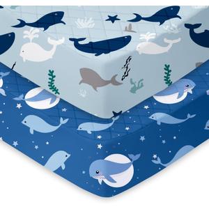 Light Quilted Crib Sheets 2 Pack, Soft Fitted Sheets for Standard Crib and Toddler Mattresses, Polyester, 52" x 28" x 9", Ocean Whale