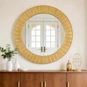 Large Round Gold Wall Mirror - 31 Inch Textured Ribbed Design Frame Mirror, Modern Sunburst Accent Mirror for Living Room, Entryway, Bedroom, Fireplace Mantel
