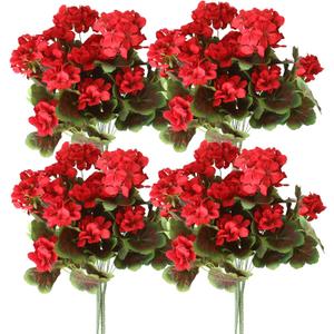 4PCS Realistic Outdoor Artificial Fake Geraniums Silk Flowers Plants, UV Resistant, No Fade, Look Real Outside Faux Plastic Greenery Red Flowers for Garden Porch Patio Window Box Hanging Planter