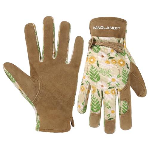 HANDLANDY Gardening Gloves for Women, Breathable Ladies Leather Garden Yard Gloves Best Gardeners Gift (Khaki, M)