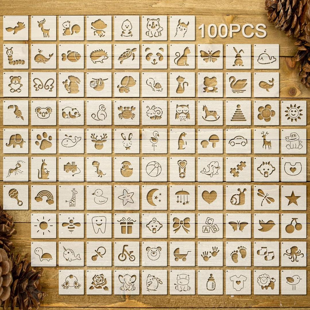 100 Pcs Stencils for Painting on Wood Reusable Stencil Crafts Drawing Templates Holiday Wall Paper for DIY Scrapbook Home 2 x 2 Inch (Cute Baby Animal Style)