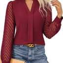 GRACE KARIN Women Business Casual Tops Sheer Lace Long Sleeve Blouses Work Office Pleated V Neck Shirt Fall Formal Outfits (X-Large, Wine Red)