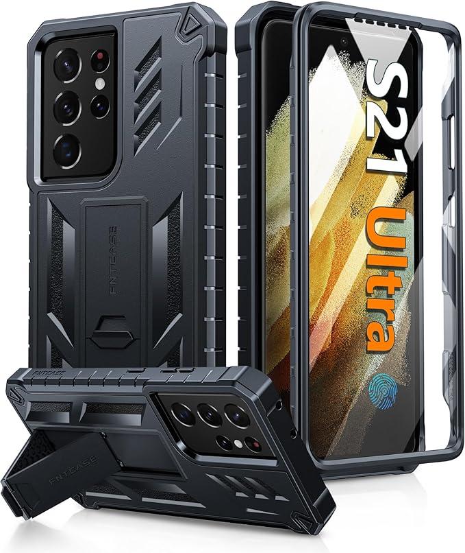 FNTCASE for Samsung Galaxy S21Ultra Case: Military Grade Rugged Cell Phone Cover with Kickstand | Shockproof TPU Protection Bumper Matte Textured Design for Samsung S21 Ultra Cases 6.8 inches (Black)