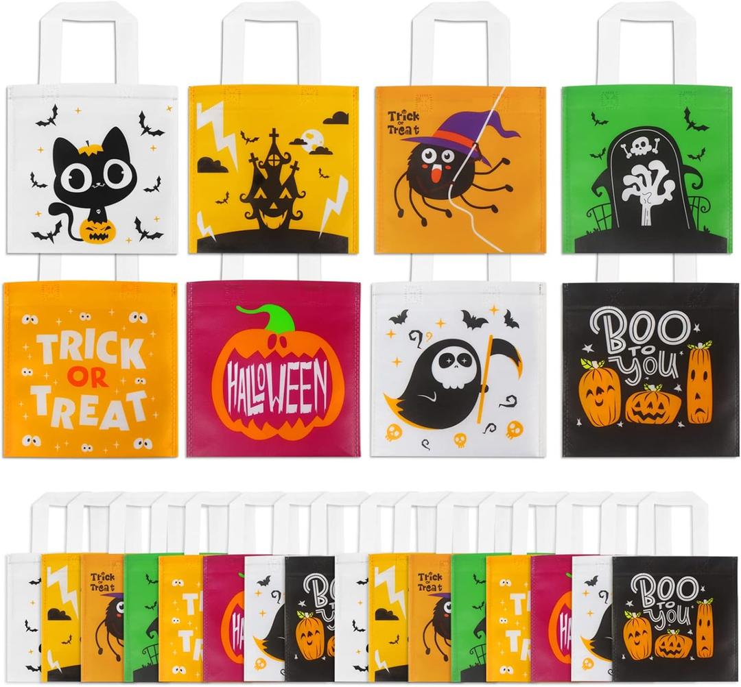 CCINEE 48pcs Halloween Non-Woven Bags, 8 Designs Trick or Treat Tote Reusable Gift Bags with Handles for Kids Halloween Candy Goodie Bags Party Favors and Supplies Snacks Bags