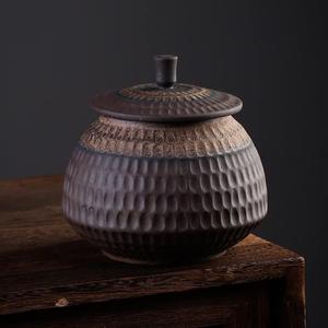 TEMKIN Vintage Pottery Chinese Little Tea Storage Jar with Airtight Lid, Chinese Porcelain Loose Tea Tins Cans Tea Caddy Brown & Champagne Gold For Sugar & Cereal Jars