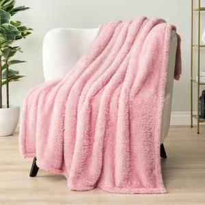 PAVILIA Sherpa Throw Blanket for Couch Sofa, Light Pink Fluffy Warm Plush Blanket for Bed, Cozy Super Soft Lightweight Throw, Fuzzy Decorative Blanket, All Season Home, 50x60