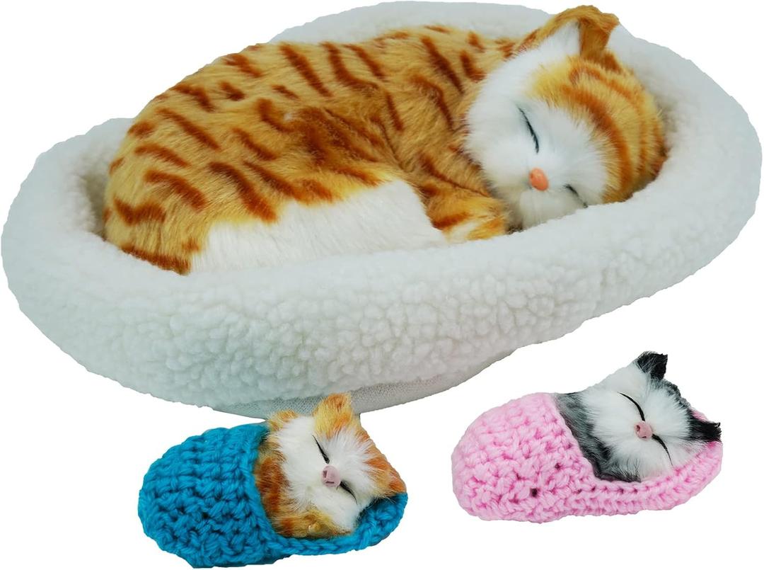 3Pcs Sleeping Cats Toy, Breathing Cat on Cushion Mini and Kittens in Slipper Decor Hand Toy Gift for Kids Boys Girls (Stripe)