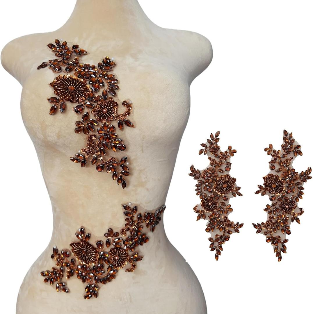 Beaded Lace Applique Pair with Claw Rhinestones & Glass Crystals, Hand-Embroidered Sew on Patch for Bridal Dress/Costume Decoration (Brown)