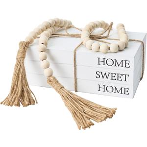 Decorative Books for Home Decor, White Faux Books for Decoration, Rustic Farmhouse Stacked Display Books with 52in Wood Bead Garland for Coffee Tables Living Room, (Home Sweet Home)