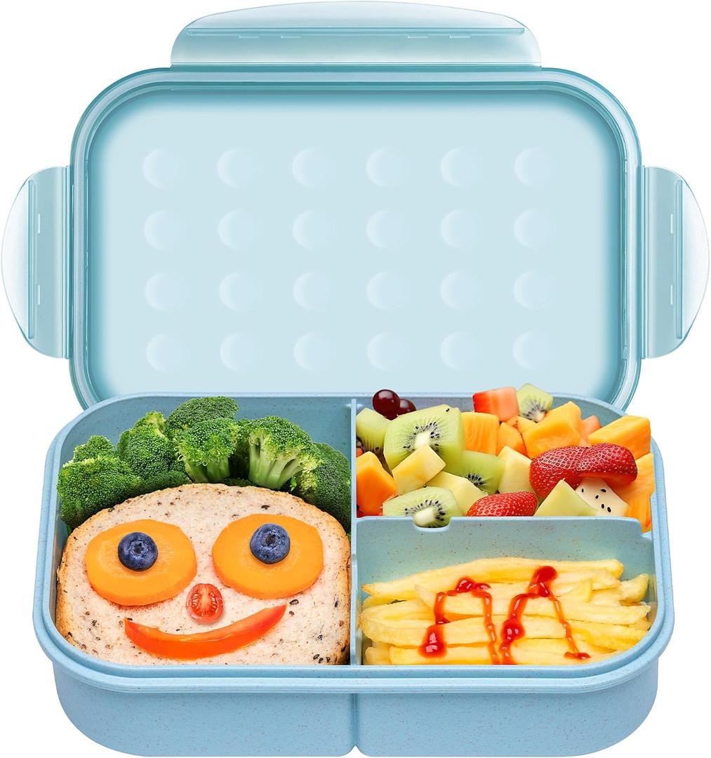 Itopor Leak-Proof Lunch Box Blue 1300ml, Wheat Fiber BPA-Free 3-Compartment Bento Box for Kids & Adults, Includes Utensil, for School, Office & Picnic, Microwave & Dishwasher Safe