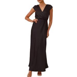 Summer Satin V Neck Wrap Maxi Dress for Women 2025 Elegant Silk Cap Sleeve Wedding Guest Dresses (Black), XS
