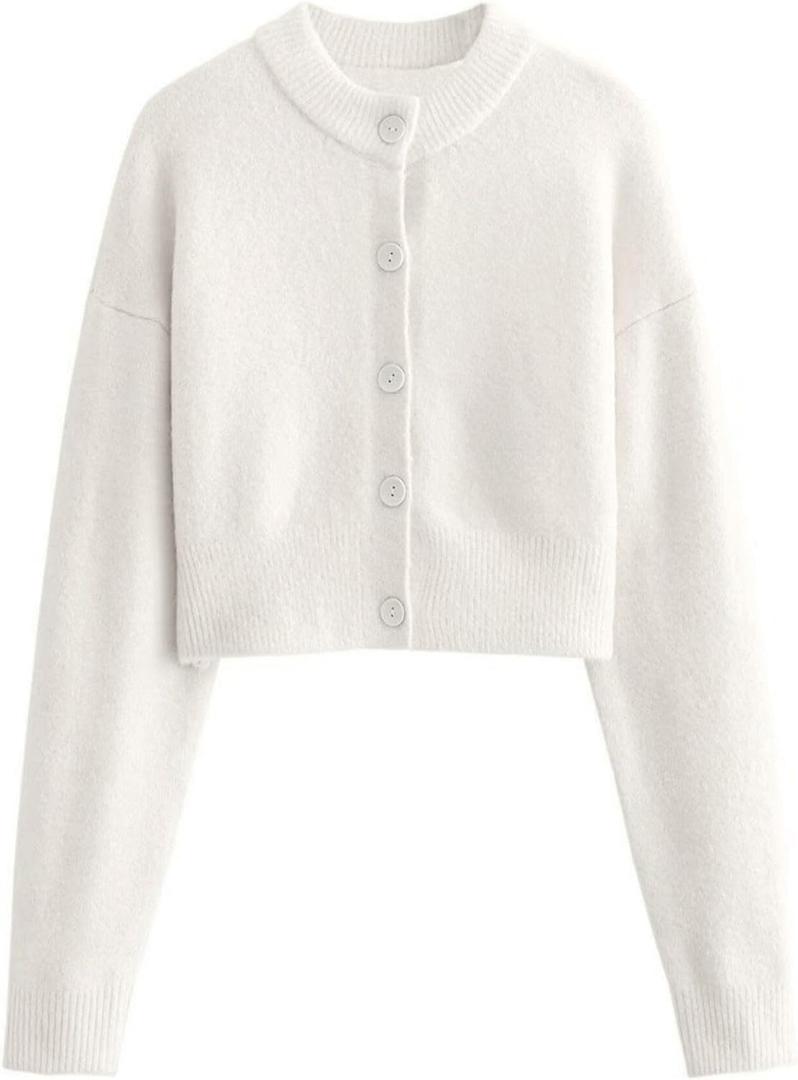 FindThy Womens Cropped Cardigan Sweater Crewneck Solid Color Long Sleeve Button Down Knitted Outerwear Top (White, S)