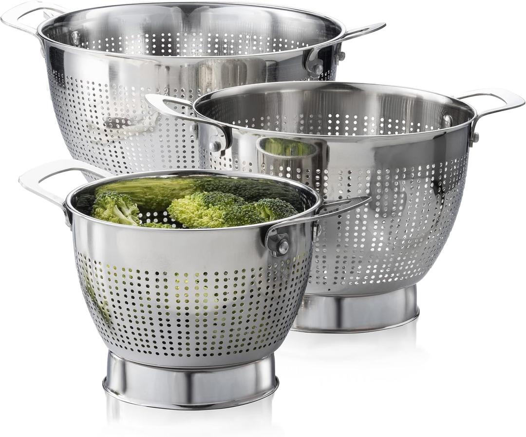 YH-Goods Stainless Steel Colander - 3-Piece Kitchen Sink Strainer Set for Pasta, Rice, Fruit, Food - Stackable Strainers and Colanders, (5-Quart, 3-Quart, and 1.5-Quart)