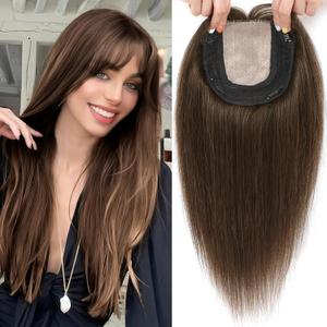 Hair Toppers for Women Real Human Hair, 360 3D Toppers Pieces for Women with Thinning Crown Wispy Bangs 16 Inch Upgrade Big Basement (Mocha Brown, 16 Inch Wispy Bangs)