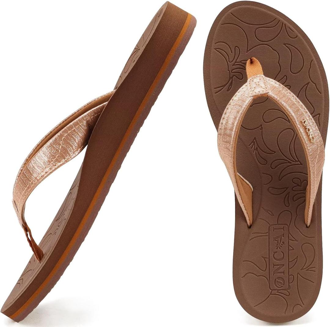 ONCAI Women's Flip Flops Comfortable Summer Beach Thong Sandals for Women with Cushion Walking Arch Support Yoga Mat Indoor Outdoor Soles (9.5, Gold/Brown)