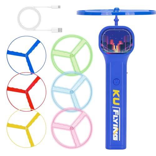 HOMQYTE Rechargeable Disc Launcher with 6 Flying Spinners for Outdoor Activities Game White Elephant Gift Fidget Toys (Blue)