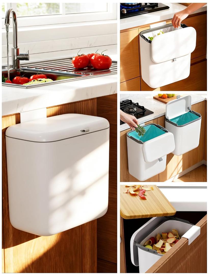 Wall Mounted Kitchen Compost Bin with Lid, Hanging Trash Can for Cabinet Door, White Plastic Food Scrap Bin for Kitchen Counter and Under Sink, 1.8 Gal