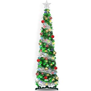 5FT Pop Up Christmas Tree with Timer 60 Warm White & Multi Color Fairy Light 3D Star 15 Ball Ornament, Green Sliver Tinsel Christmas Tree Slim Pencil Xmas Tree Home Office Holiday Decor Indoor Outdoor